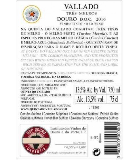 VINHO VALLADO TRÊS MELROS TINTO 75CL